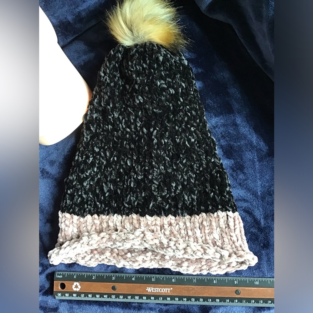Stylish Black Colored Knit Chenille Beanie with Natural Colored Pom Pom